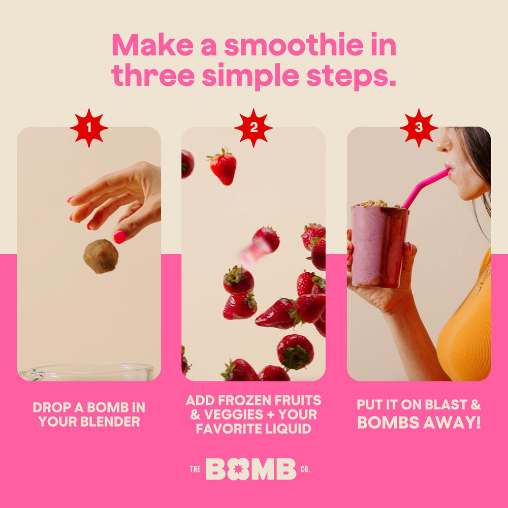 Smoothie in glass featuring Blender Bomb OG for a fiber-rich drink
