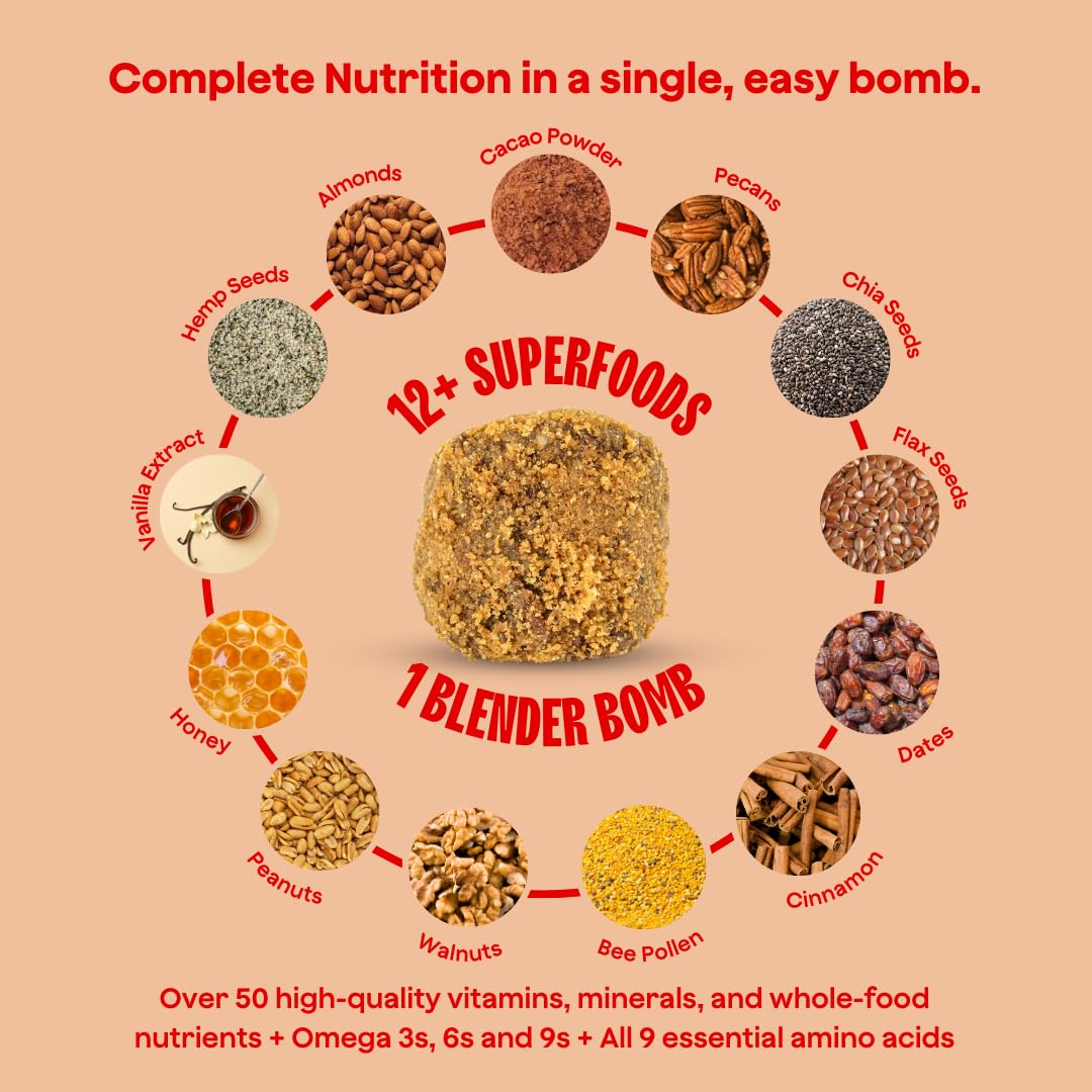 Pouring Blender Bombs Peanut Butter Blast into a creamy smoothie