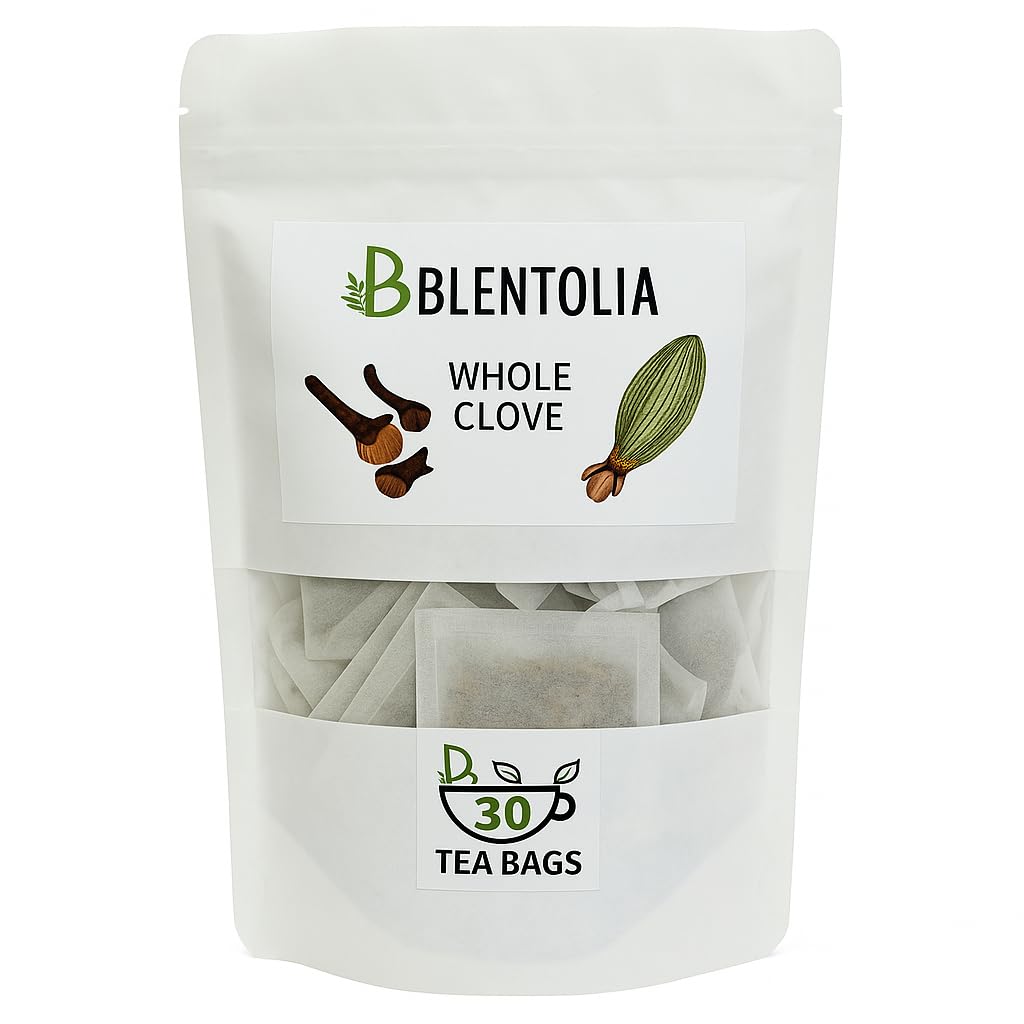 Blentolia whole clove tea bags packaging; 100% natural and caffeine-free option.