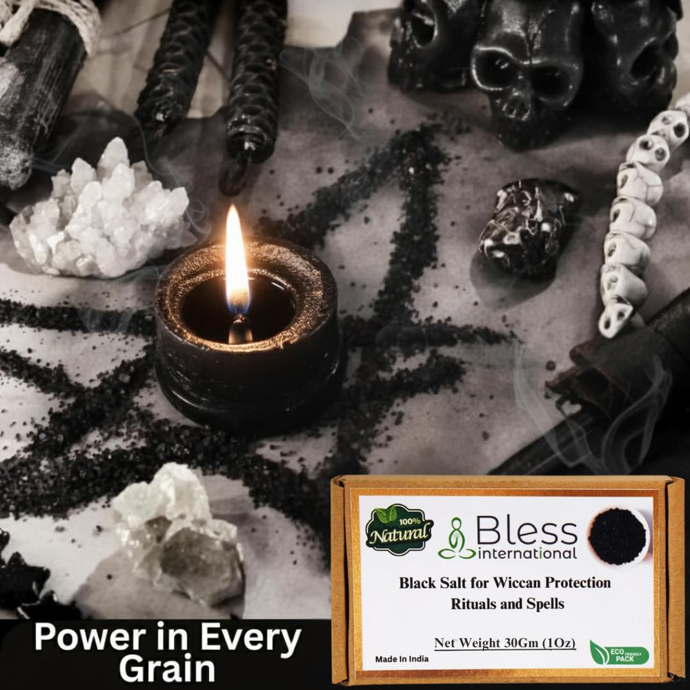 Bless International Black Salt held by hand during a quiet ritual