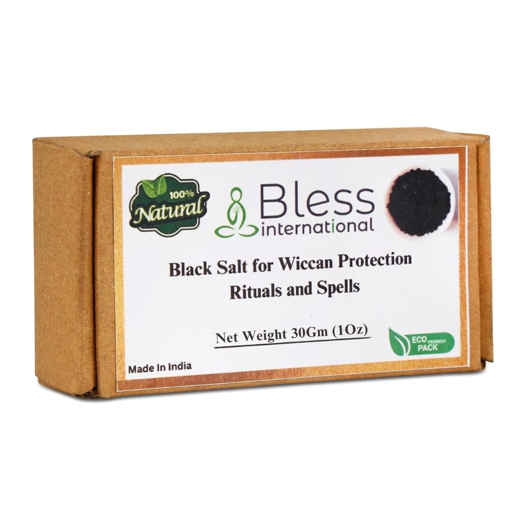 Bless International Black Salt with ritual tools arranged on a wooden tray