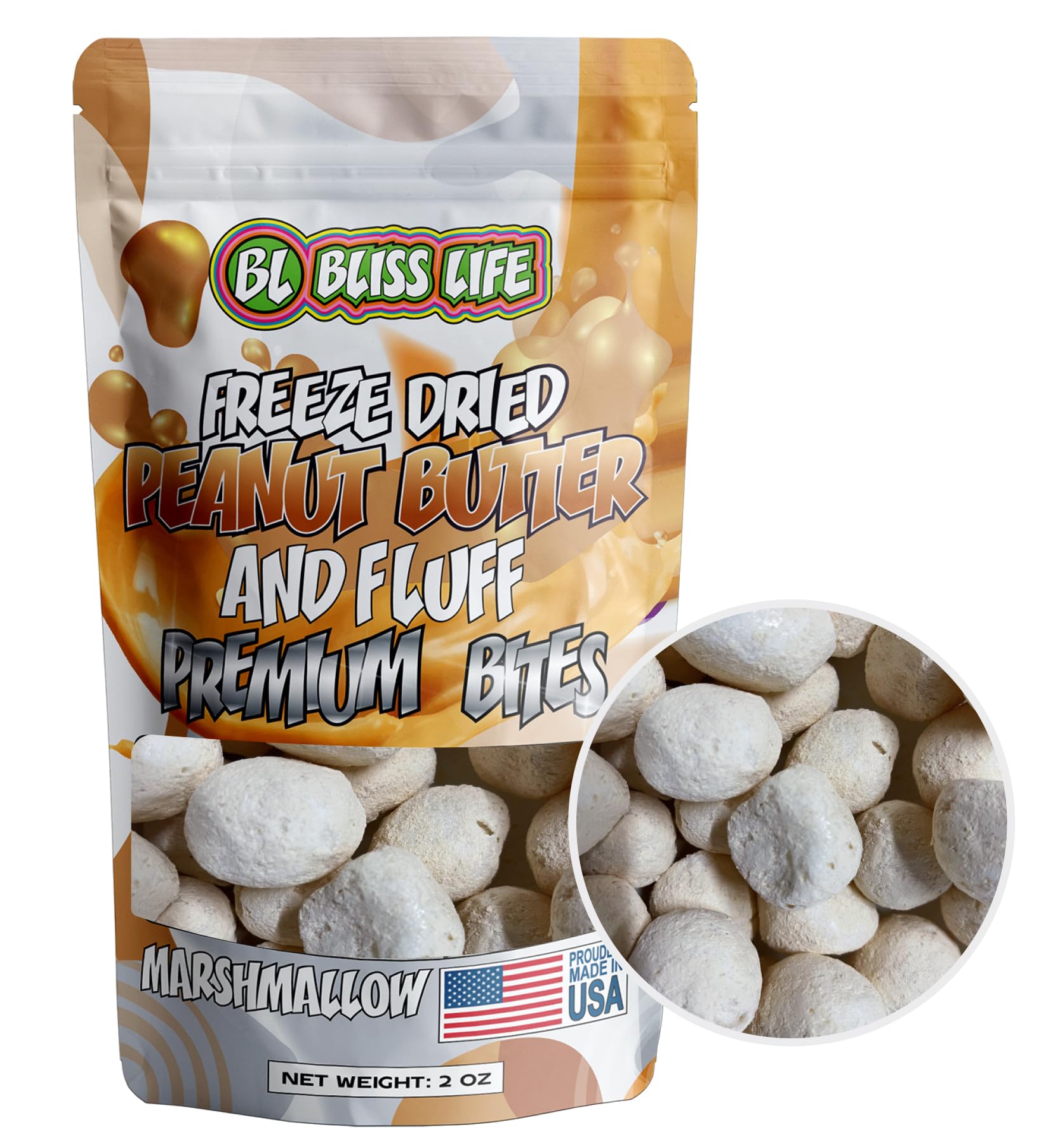 Bliss Life freeze-dried PBJ marshmallow close-up shows crisp texture.