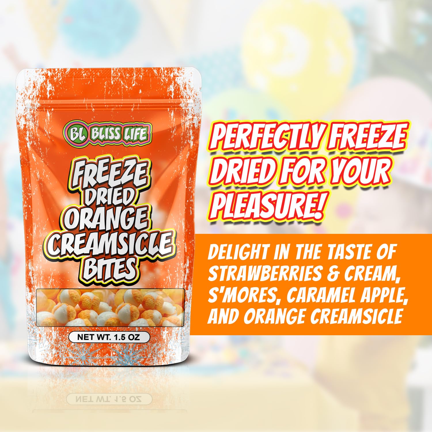 Bliss Life Real fruit ingredients highlighted in a bite-sized candy.