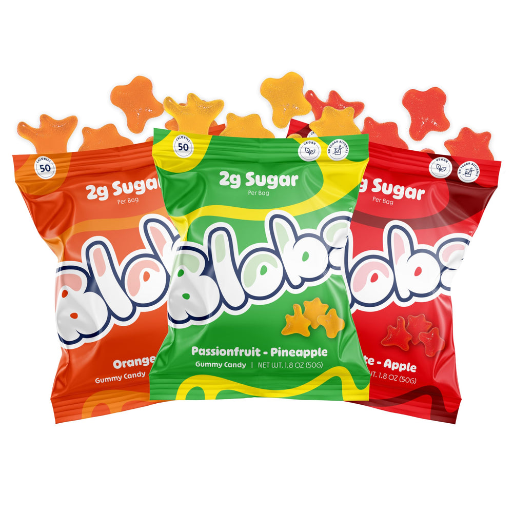 Blobs pineapple-passionfruit gummies close-up, juicy vegan snack with low sugar.