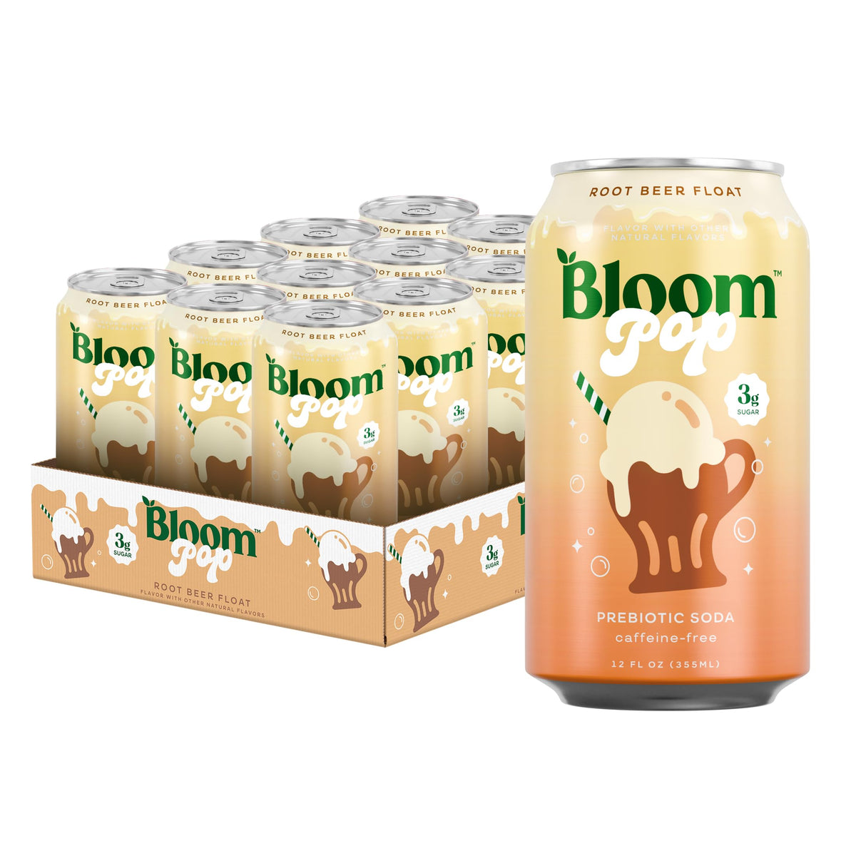 Bloom Pop Root Beer Float 12oz can with creamy aroma and gut-friendly notes
