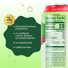 Back of Bloom Pop Winter Pomberry 12-pack showing nutrition highlights for gut-friendly choice.
