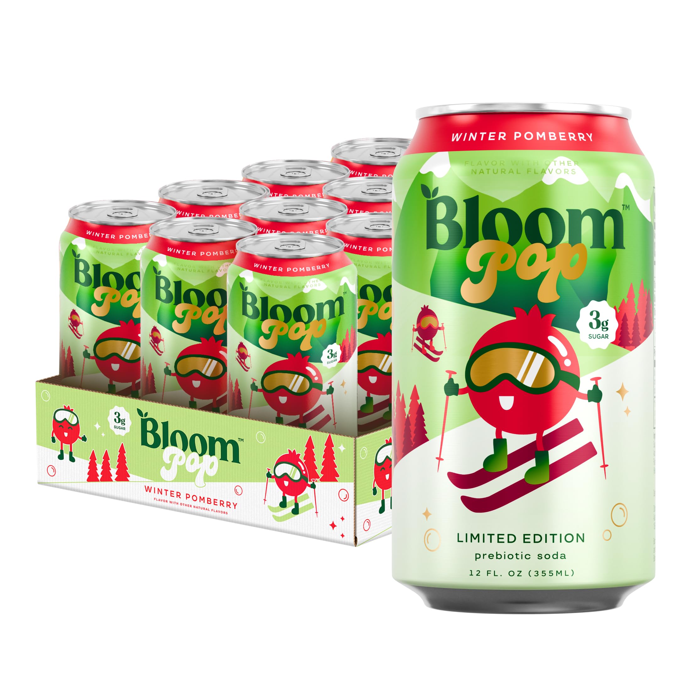Bloom Nutrition Bloom Pop Winter Pomberry 12-pack front view for a gut-friendly, low-calorie soda.