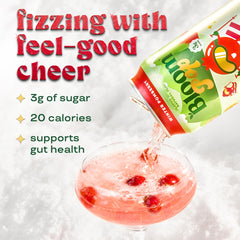 Close-up label on Bloom Pop Winter Pomberry, highlighting prebiotic benefits.