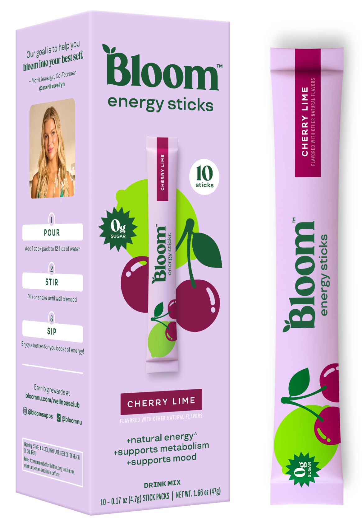 Bloom Nutrition Energy Stick Packets for on-the-go use with zero sugar
