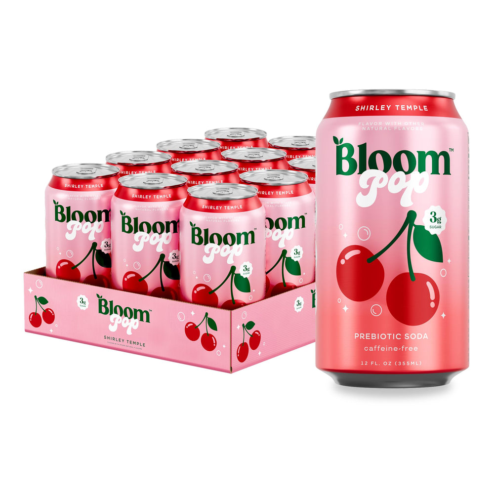 Bloom Nutrition Bloom Pop Shirley Temple can seen, convenient prebiotic refreshment in a 12oz can