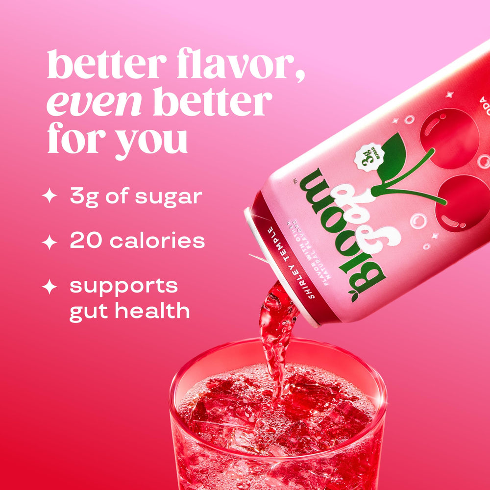 Bloom Nutrition Bloom Pop Shirley Temple glass, caffeine-free low-calorie option for hydration