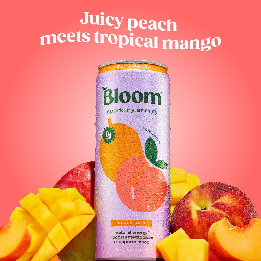 Bloom Nutrition Sparkling Energy Peach Mango can highlighting tropical flavor and clean energy