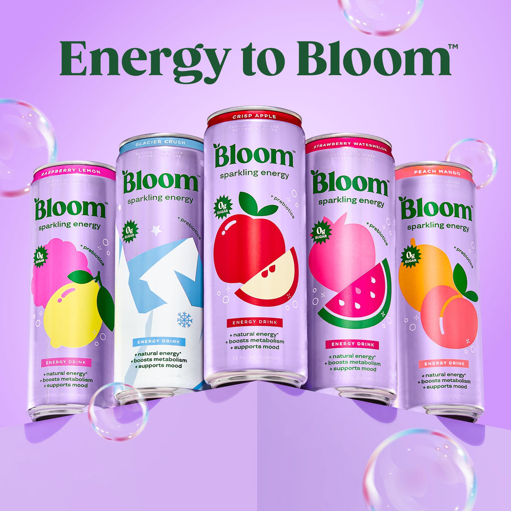 Bloom Nutrition Sparkling Energy Drink No Sugar can side view emphasizes 10 calories per can