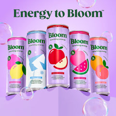 Bloom Nutrition Sparkling Energy Drink No Sugar can side view emphasizes 10 calories per can