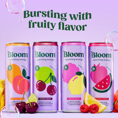 Bloom Nutrition Sparkling Energy lychee flavor can on white background offering refreshing lift.