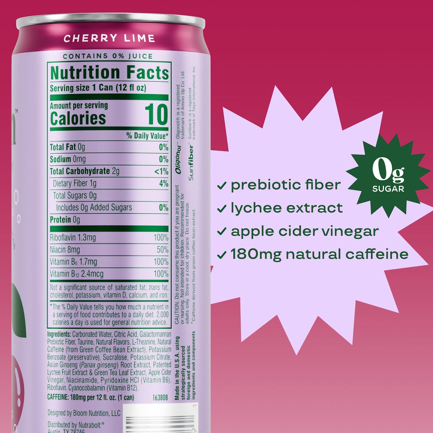 Bloom Nutrition Sparkling Energy Lychee Green Tea ingredients highlight antioxidants and prebiotics