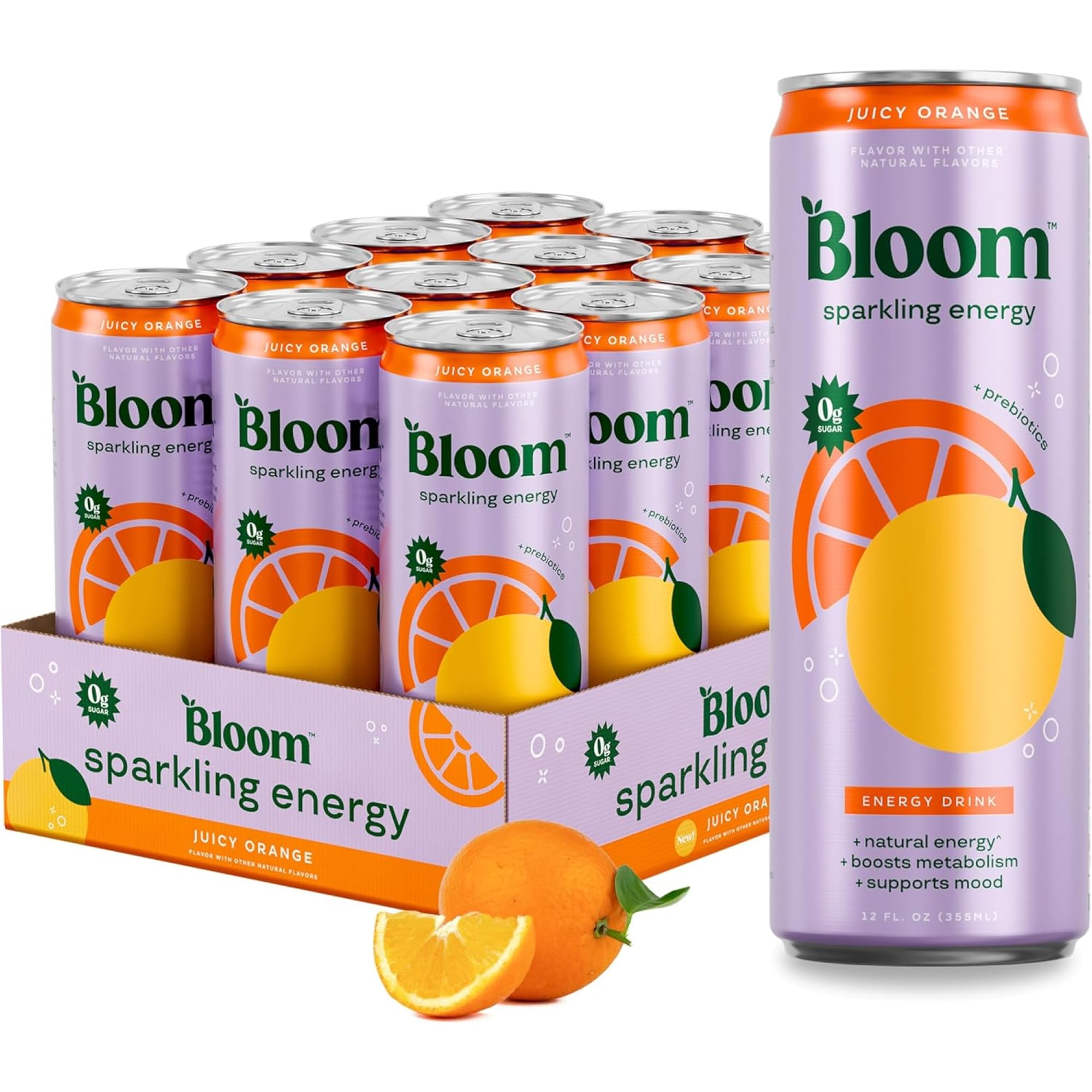 Bloom Nutrition Sparkling Energy orange can close-up showing vibrant fizz and flavor boost