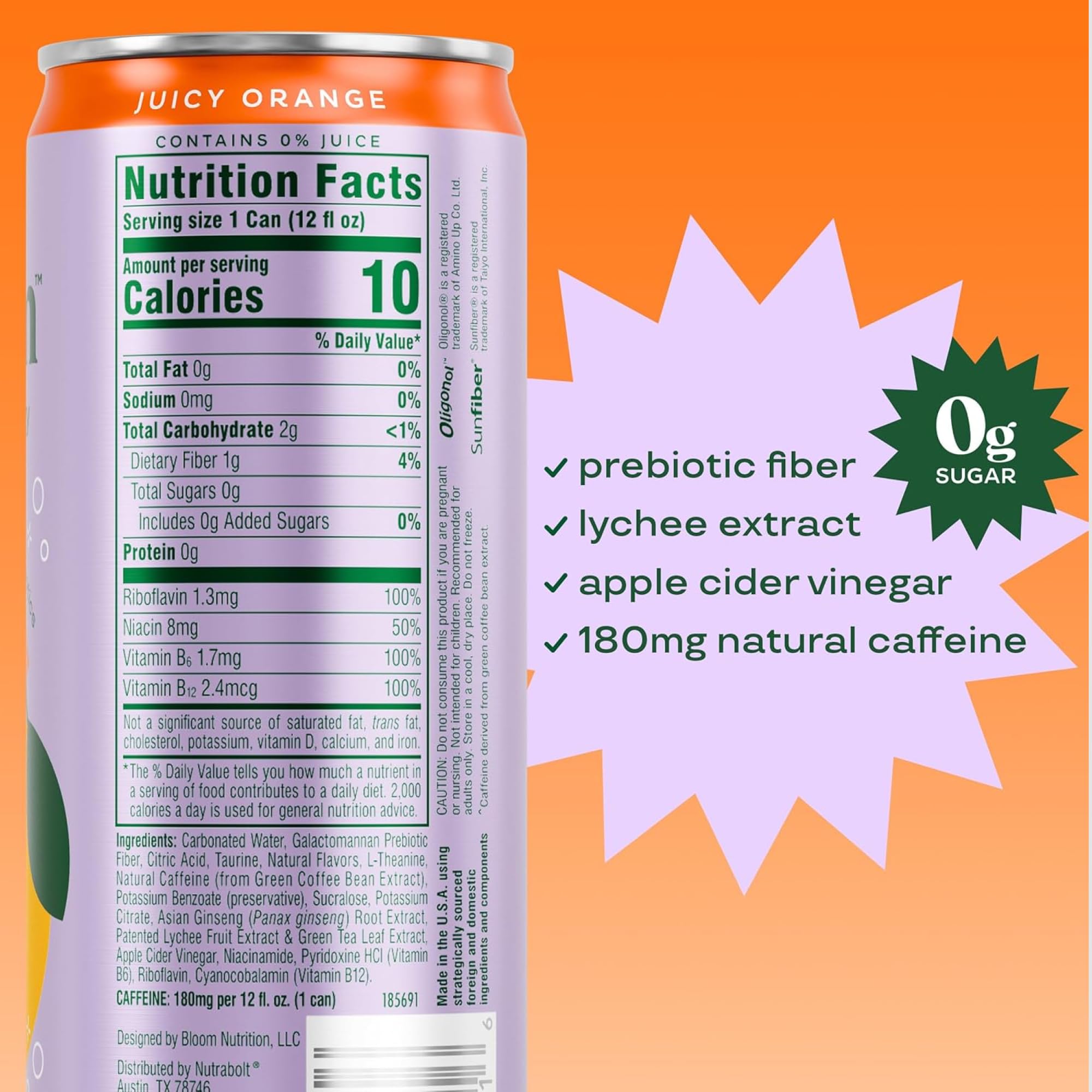 Bloom Nutrition Sparkling Energy orange can side view highlighting convenient on-the-go energy
