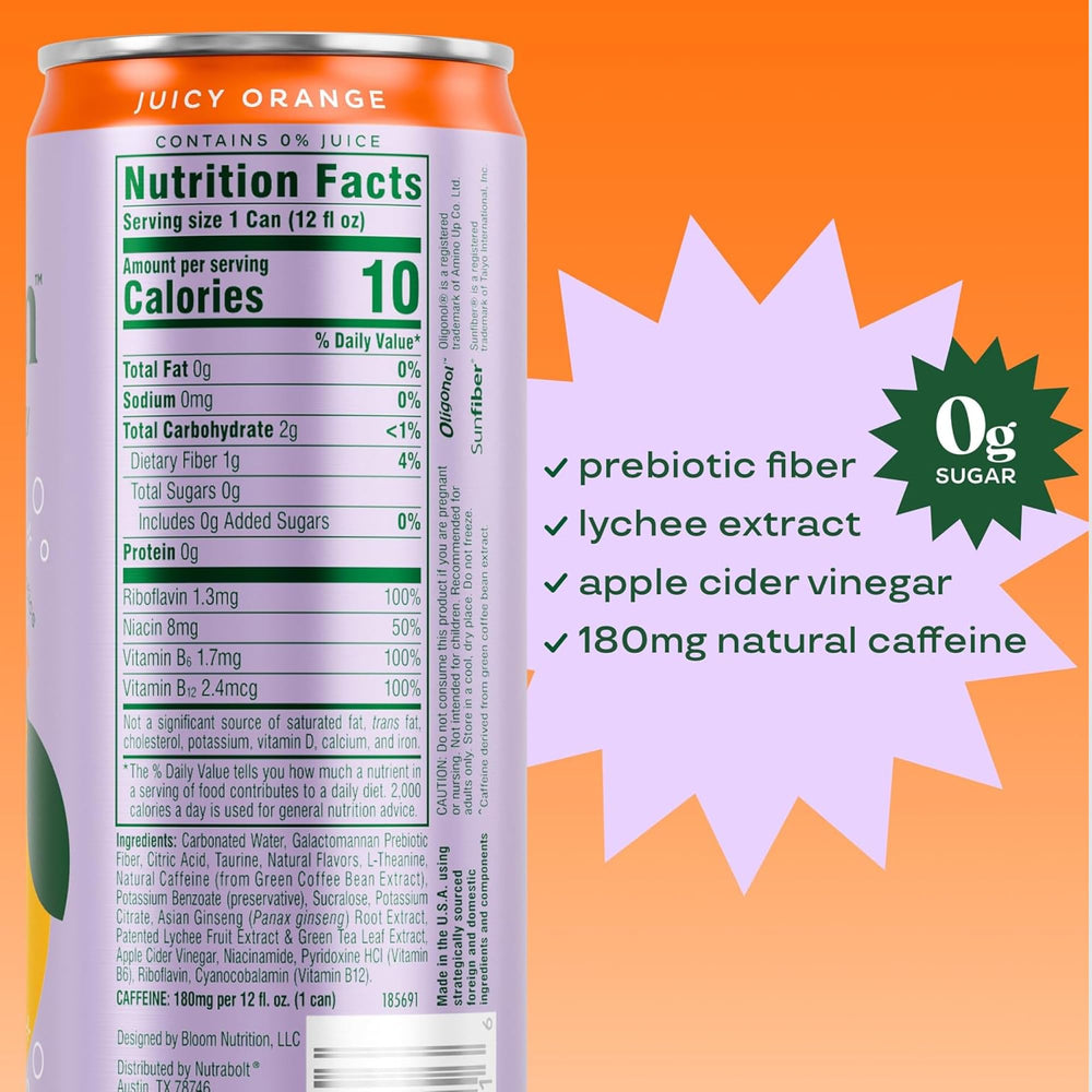Bloom Nutrition Sparkling Energy orange can side view highlighting convenient on-the-go energy