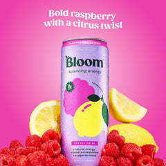 Bloom Nutrition Sparkling Energy Raspberry Lemon bottle with crisp caffeine boost