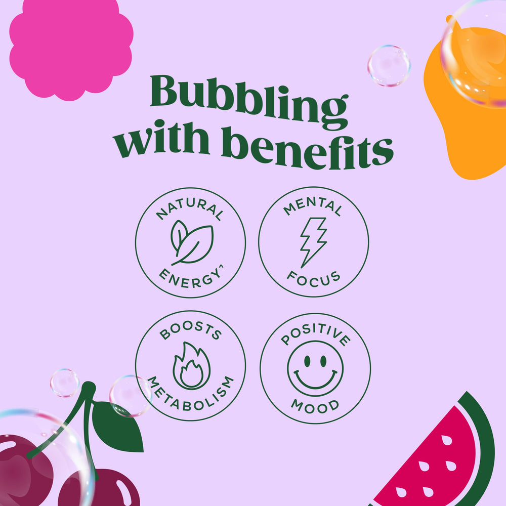 Bloom Nutrition Sparkling Energy strawberry watermelon can bright flavor for midday pick-me-up.