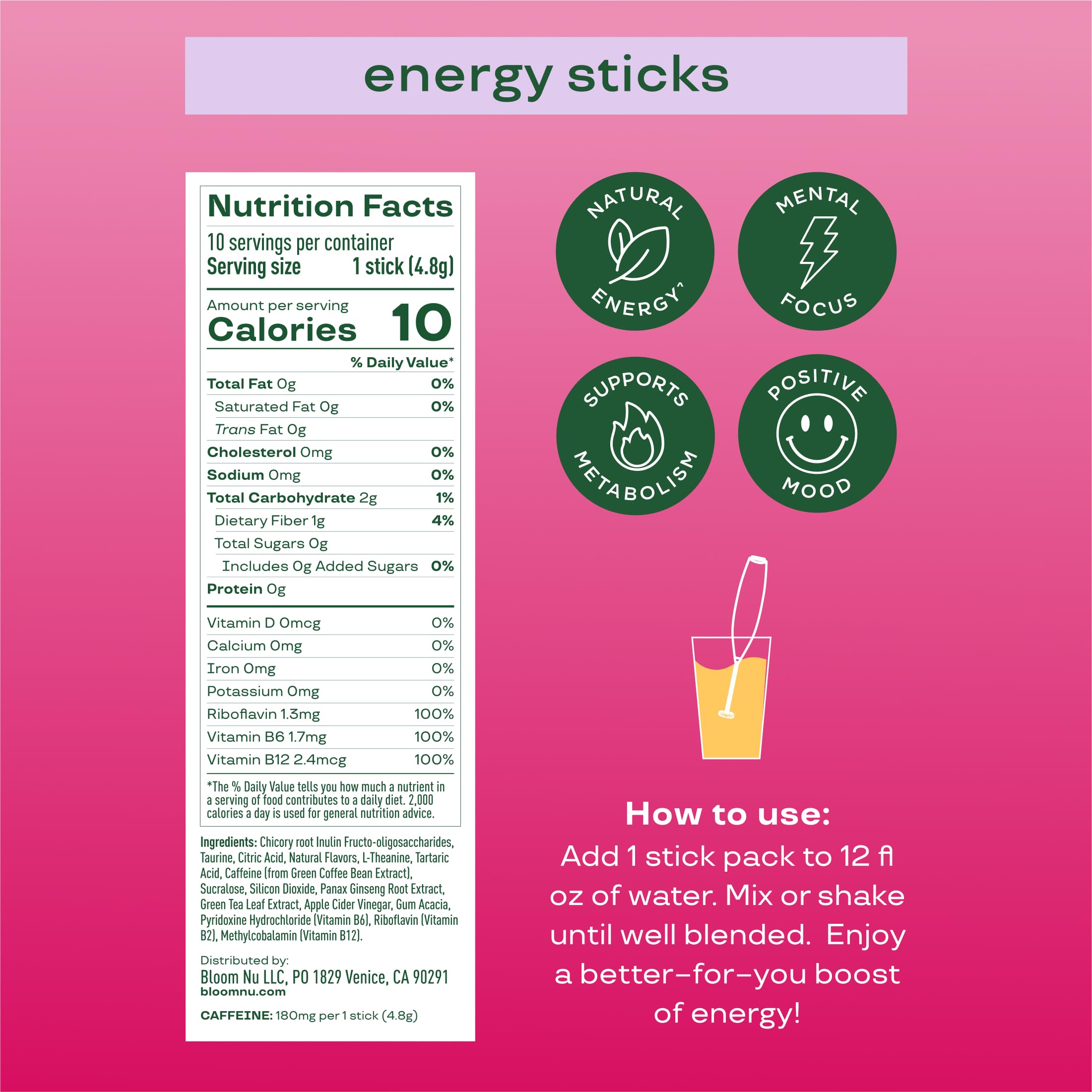 Bloom Nutrition water bottle with a stick packet for on-the-go hydration and crisp flavor