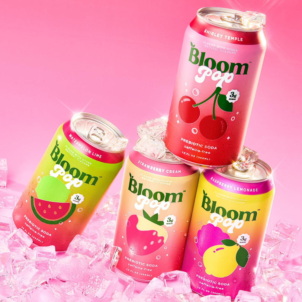 Bloom Pop 12oz can close-up label highlighting caffeine-free and low-calorie profile.