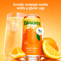 Cold, condensation-coated Bloom Pop Orange can being opened, crisp citrus flavor ready.