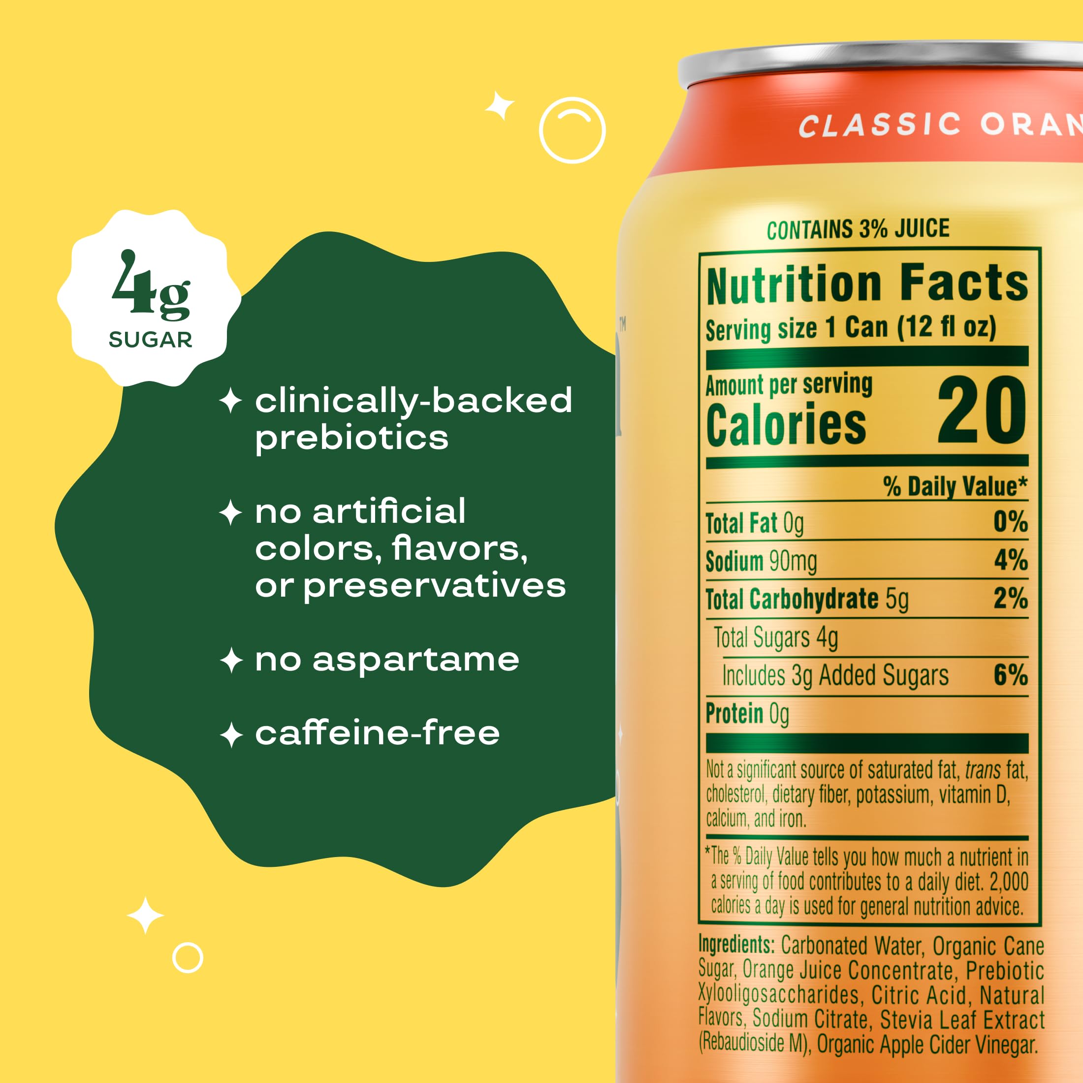 Bloom Pop Classic Orange can with glass, ideal for a healthy soft drink option.
