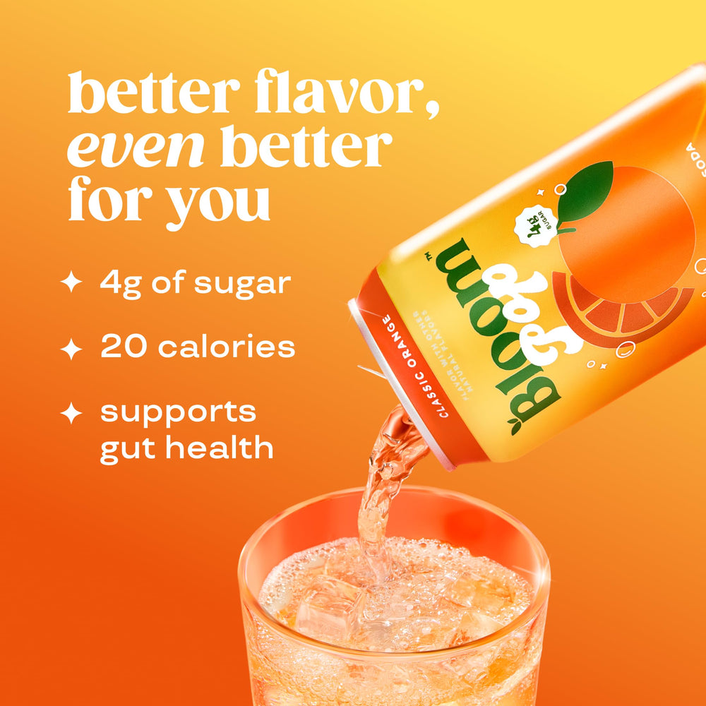 Six-pack of Bloom Pop Classic Orange on shelf, convenient low-calorie choice.