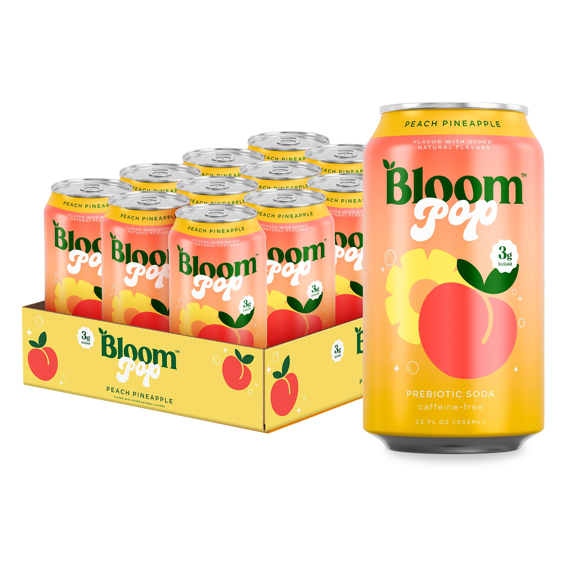Bloom Pop Peach Pineapple Pack 12oz Cans for a gut-friendly refresh.