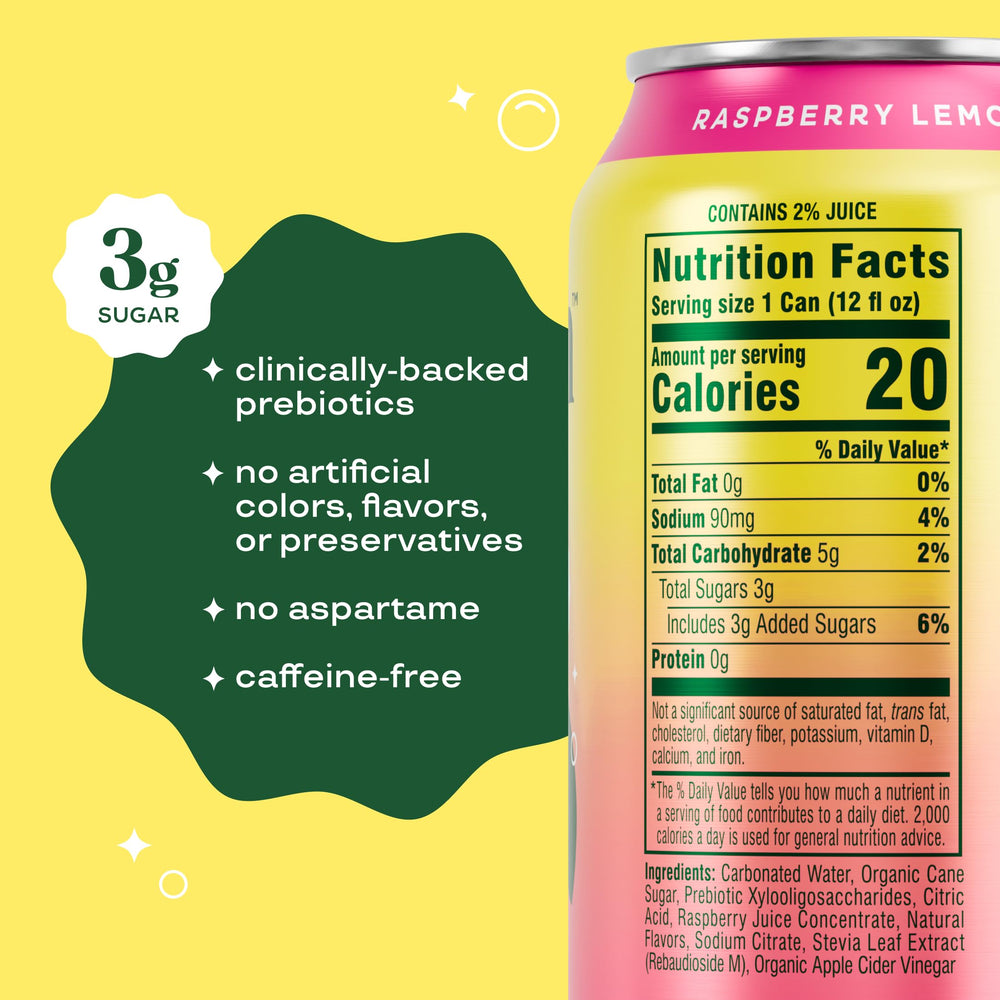 Bloom Pop Raspberry Lemonade can front label showing flavor and gut-friendly ingredients.