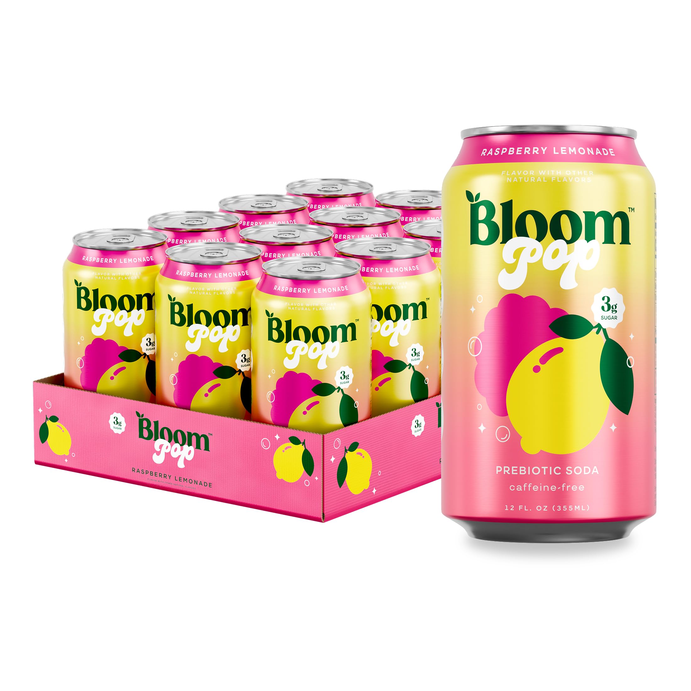 Bloom Pop Raspberry Lemonade can side view, refreshing prebiotic soda option.