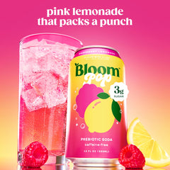 Bloom Pop Raspberry Lemonade in a glass with ice shows vibrant color and low calorie appeal.