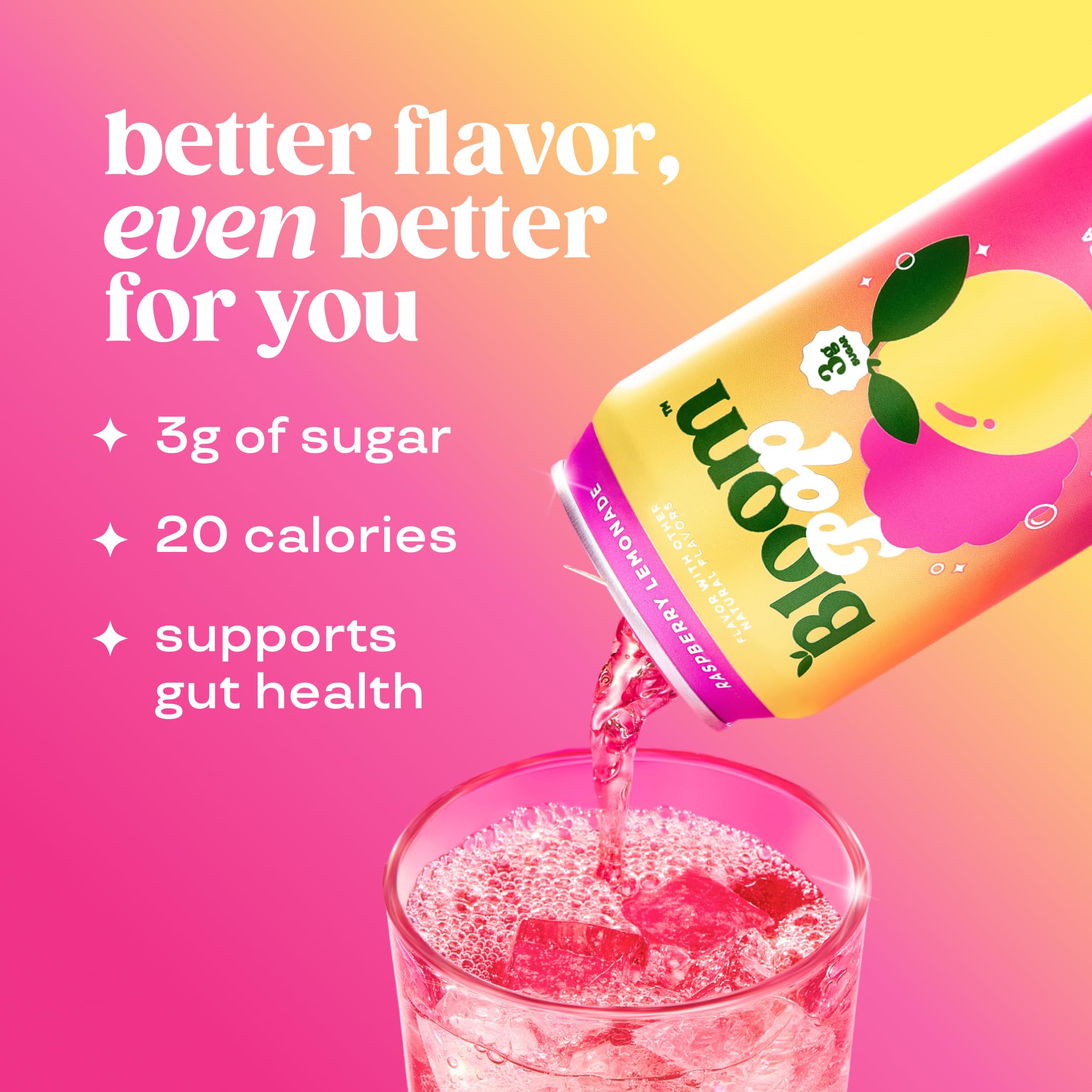 Bloom Pop Raspberry Lemonade being poured into a glass for quick, tasty pick-me-up.