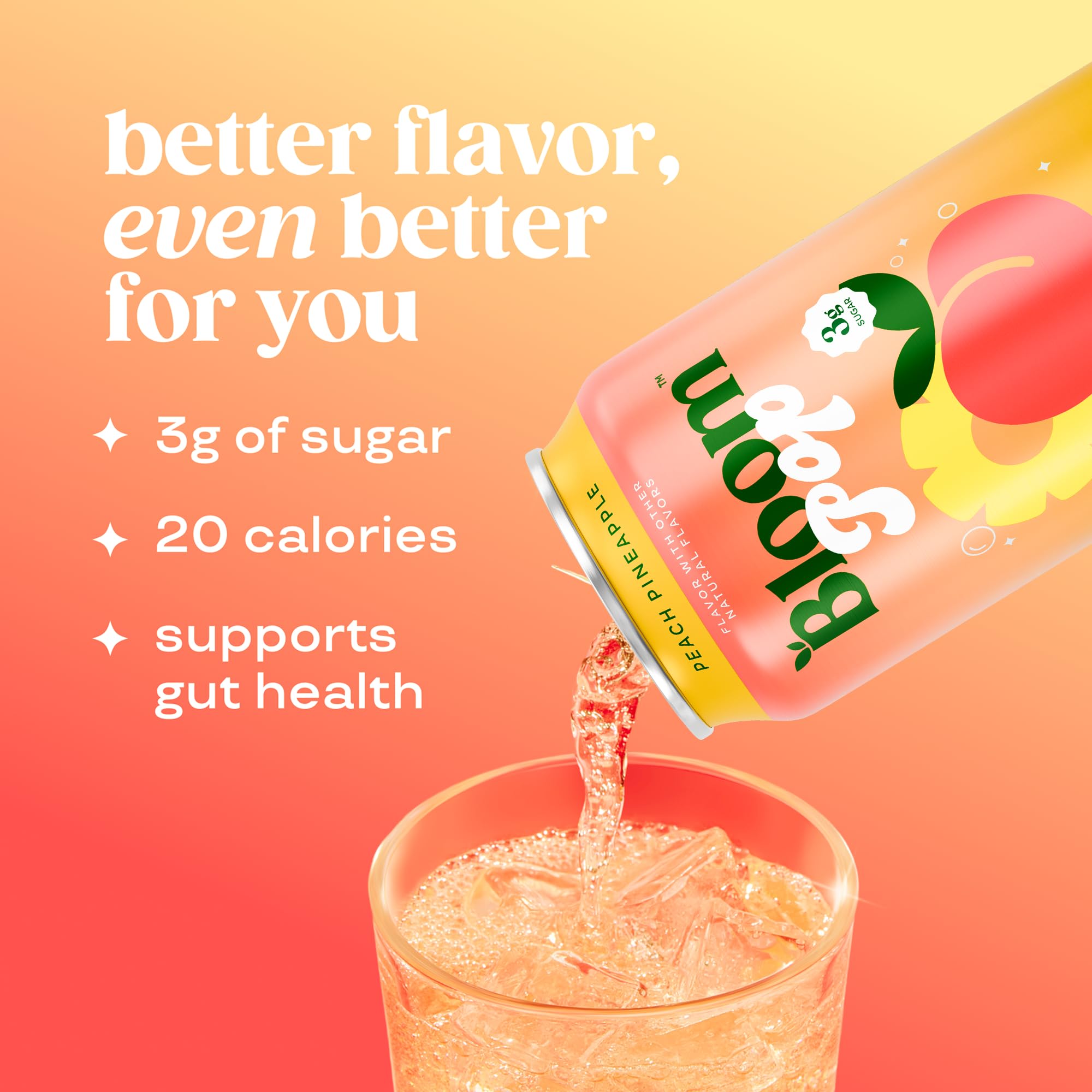 Bloom Pop Peach Pineapple Splash captures bubbly quality with prebiotic flavor.