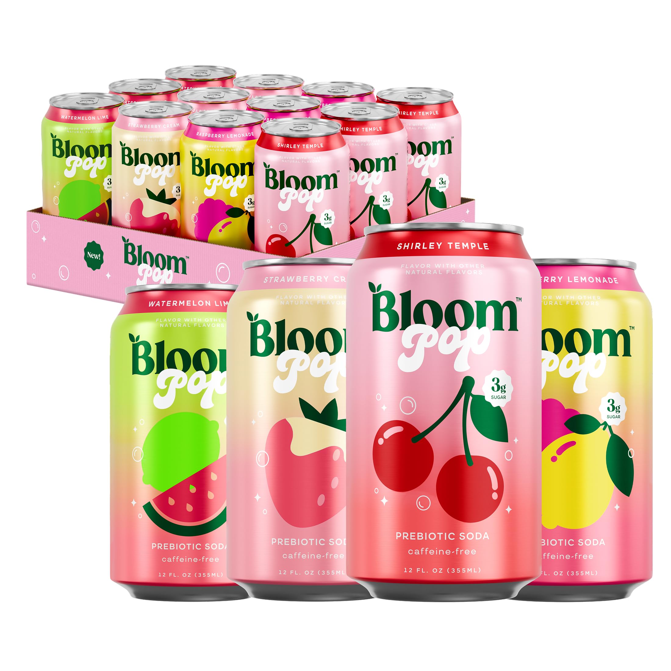Bloom Pop variety pack front view, caffeine-free, low-calorie refresher.