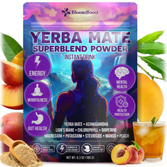 BloomBoost Yerba Mate instant tea powder packaging showcases a premium blend for daily energy.