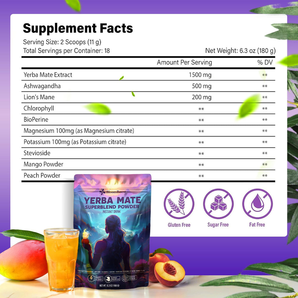BloomBoost Yerba Mate mango peach flavor dust captures tropical taste for quick hydration.