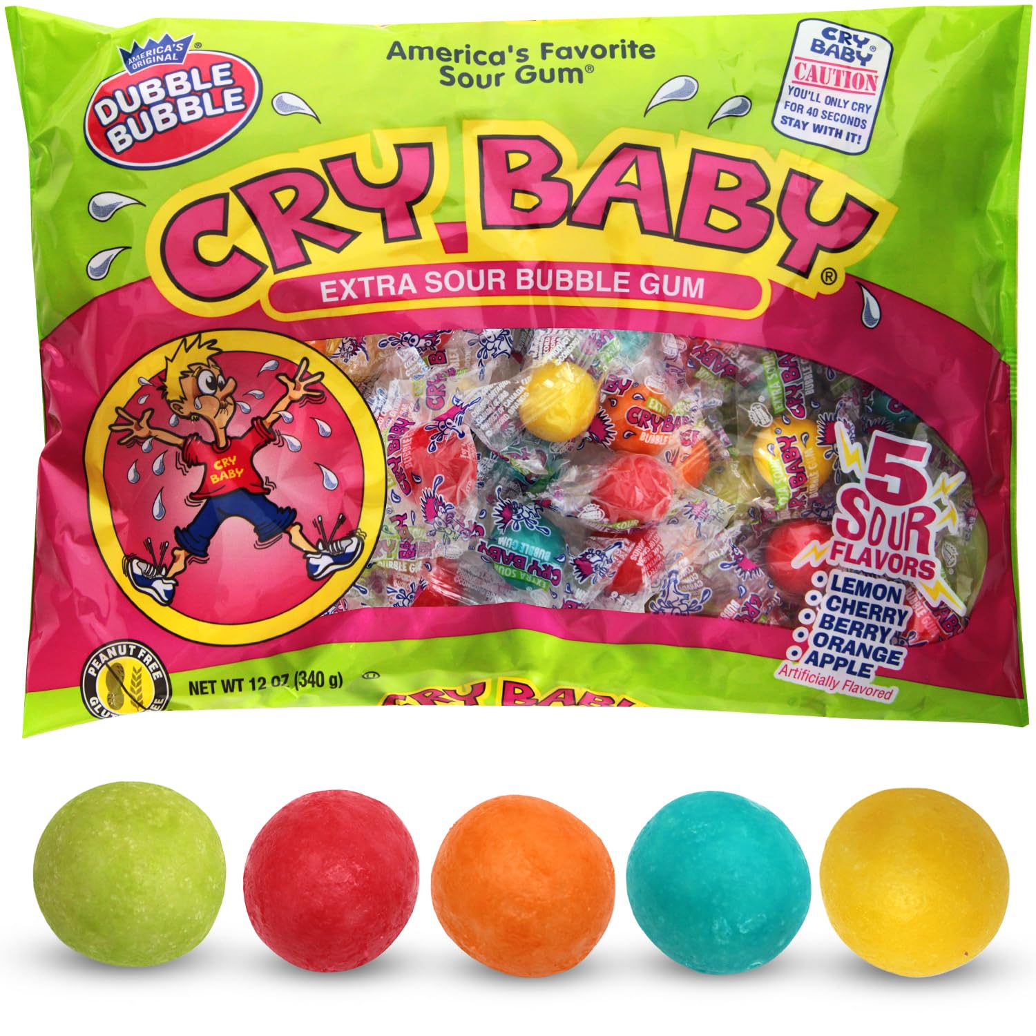 Bloom's Cry Baby Extra Sour Bubble Gum bag front display for tangy snacking.