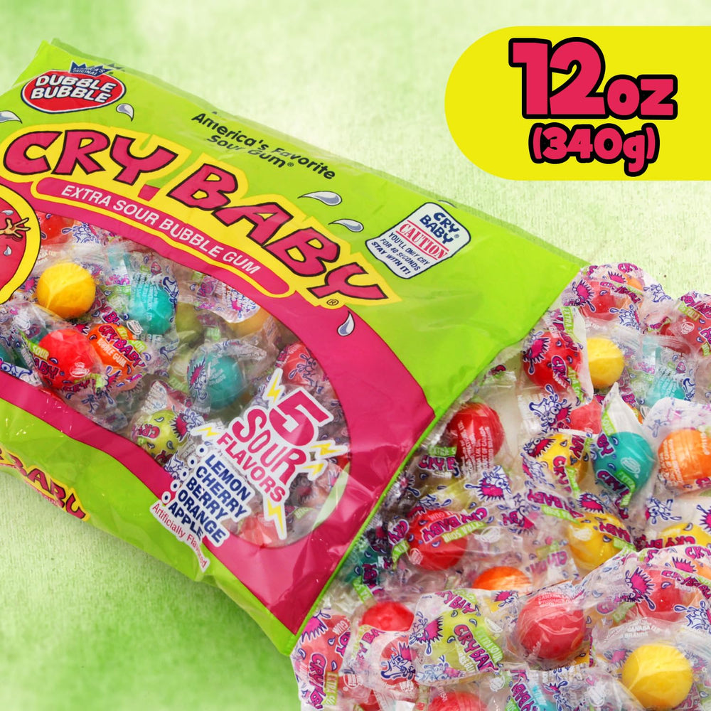 Bloom's Cry Baby Extra Sour Bubble Gum gumballs individually wrapped for freshness.