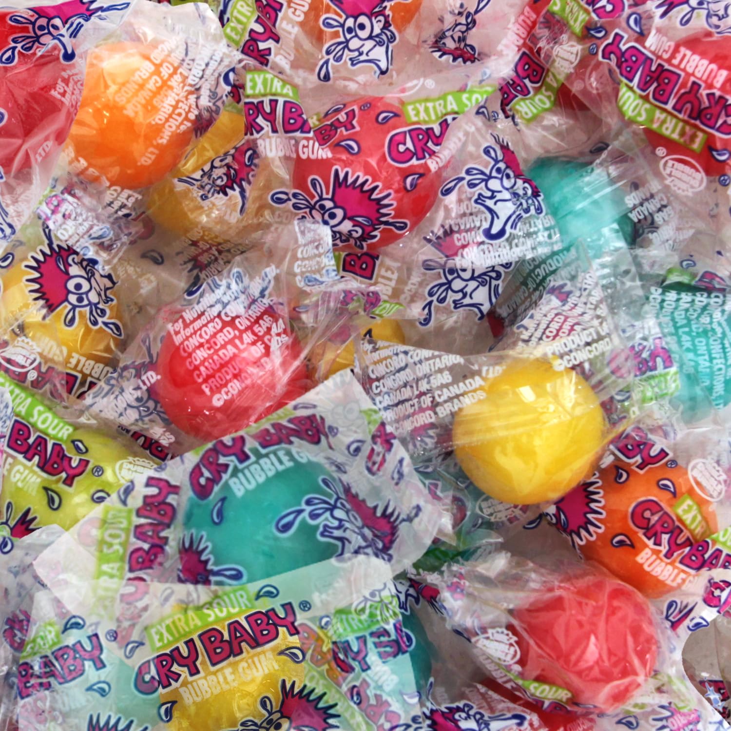 Candy buffet display featuring Bloom's Cry Baby Extra Sour Bubble Gum.