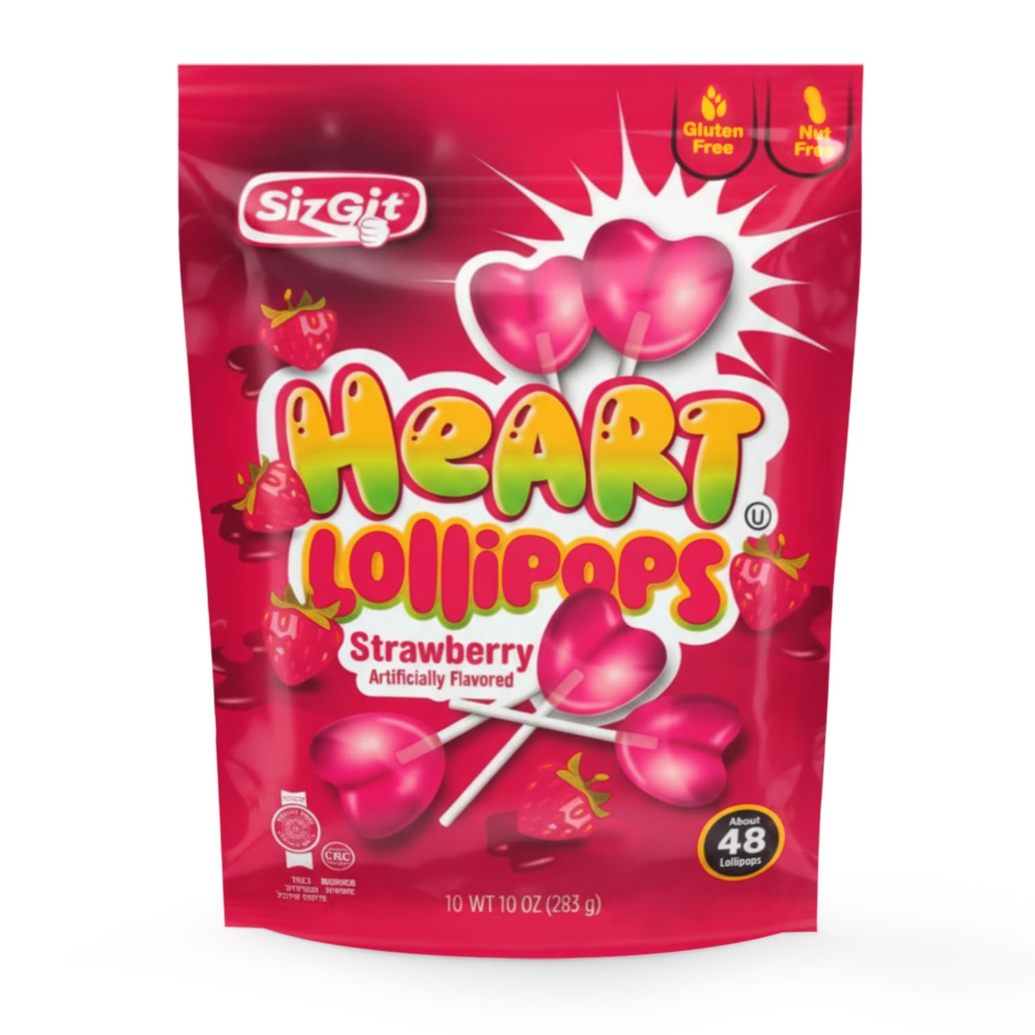 Bloom's Heart Lollipops closeup, individually wrapped red hearts, ideal for gifting and party favors.