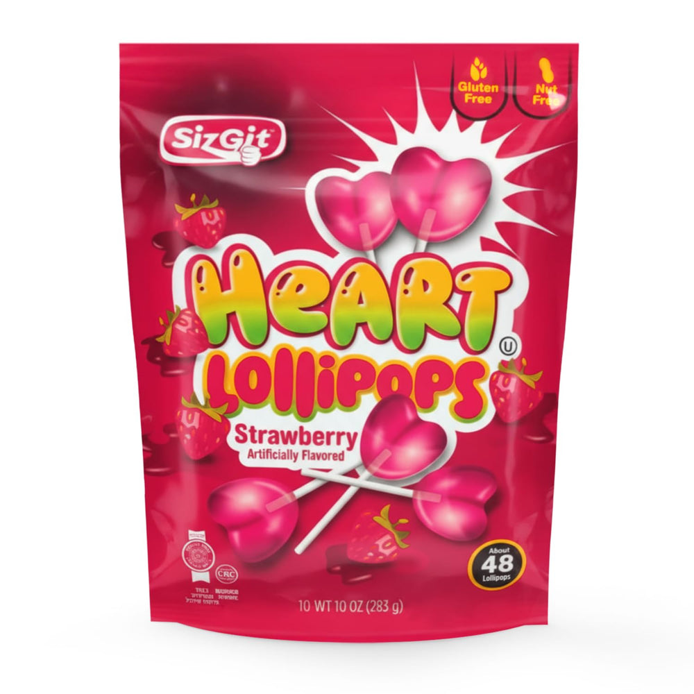 Bloom's Heart Lollipops closeup, individually wrapped red hearts, ideal for gifting and party favors.