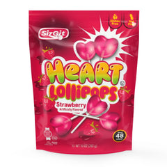 Bloom's Heart Lollipops closeup, individually wrapped red hearts, ideal for gifting and party favors.
