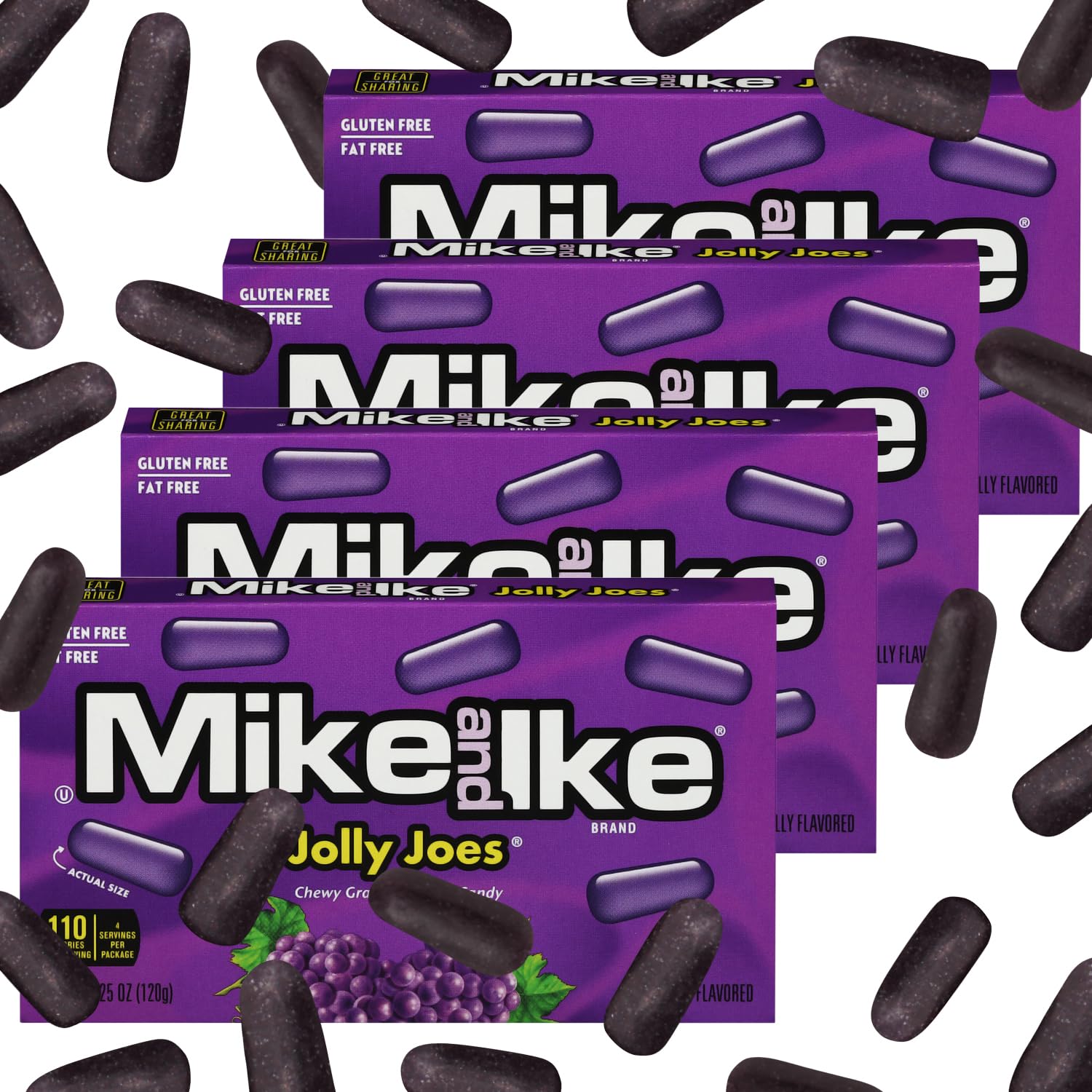 Bloom's Mike and Ike Jolly Joes theater boxes in a vibrant 4-pack for cinema nights