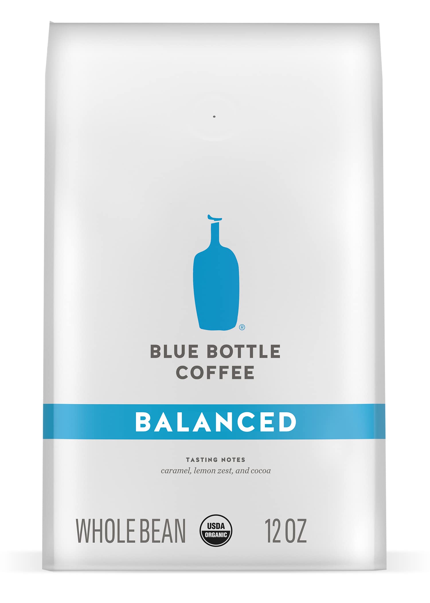 Blue Bottle Balanced front-label packaging highlights premium organic coffee