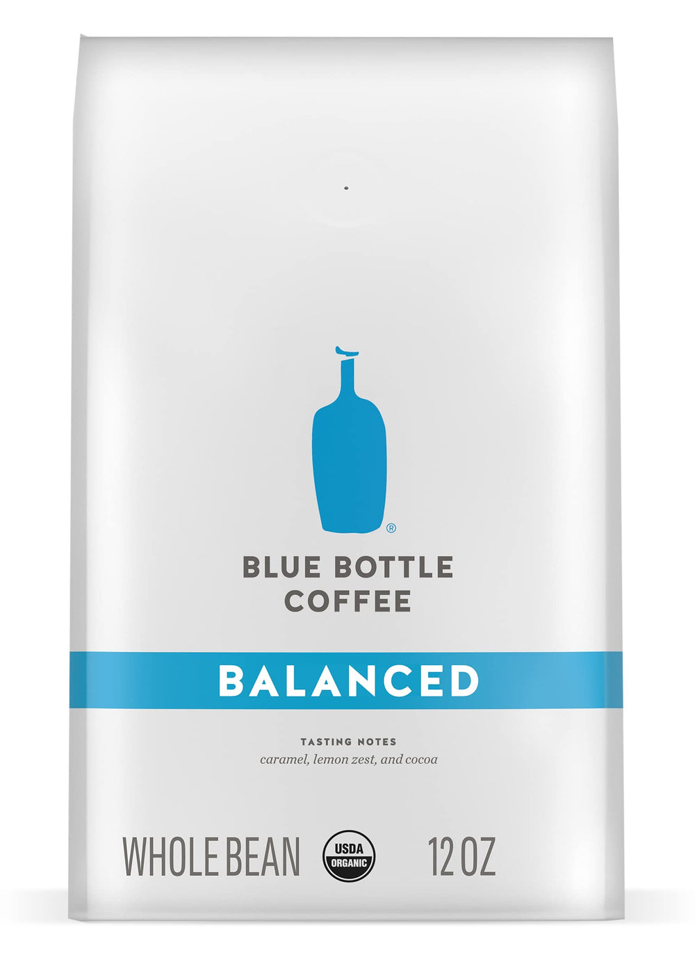 Blue Bottle Balanced front-label packaging highlights premium organic coffee