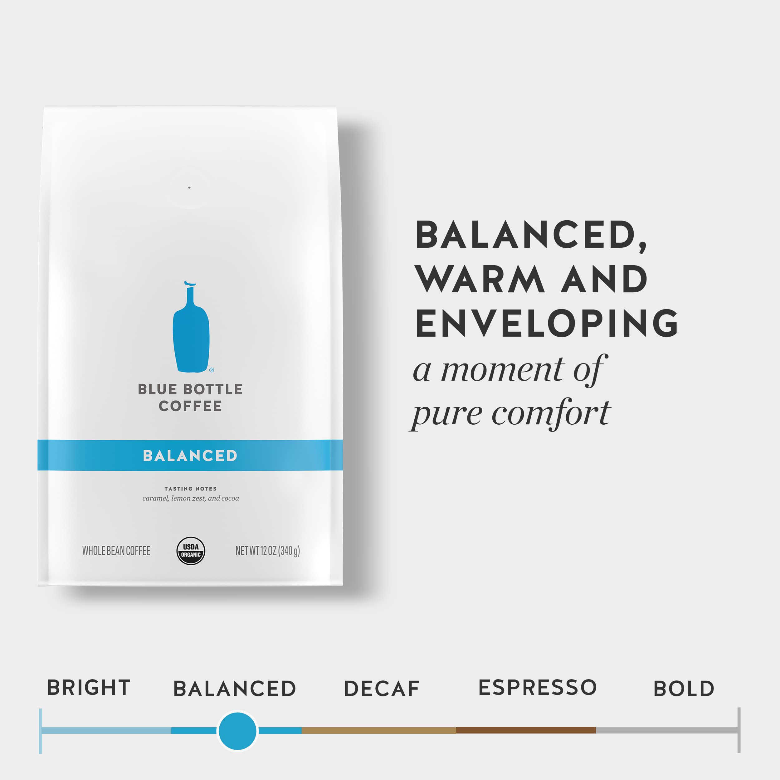 Blue Bottle Balanced coffee bag packaging ready for grinding and brewing