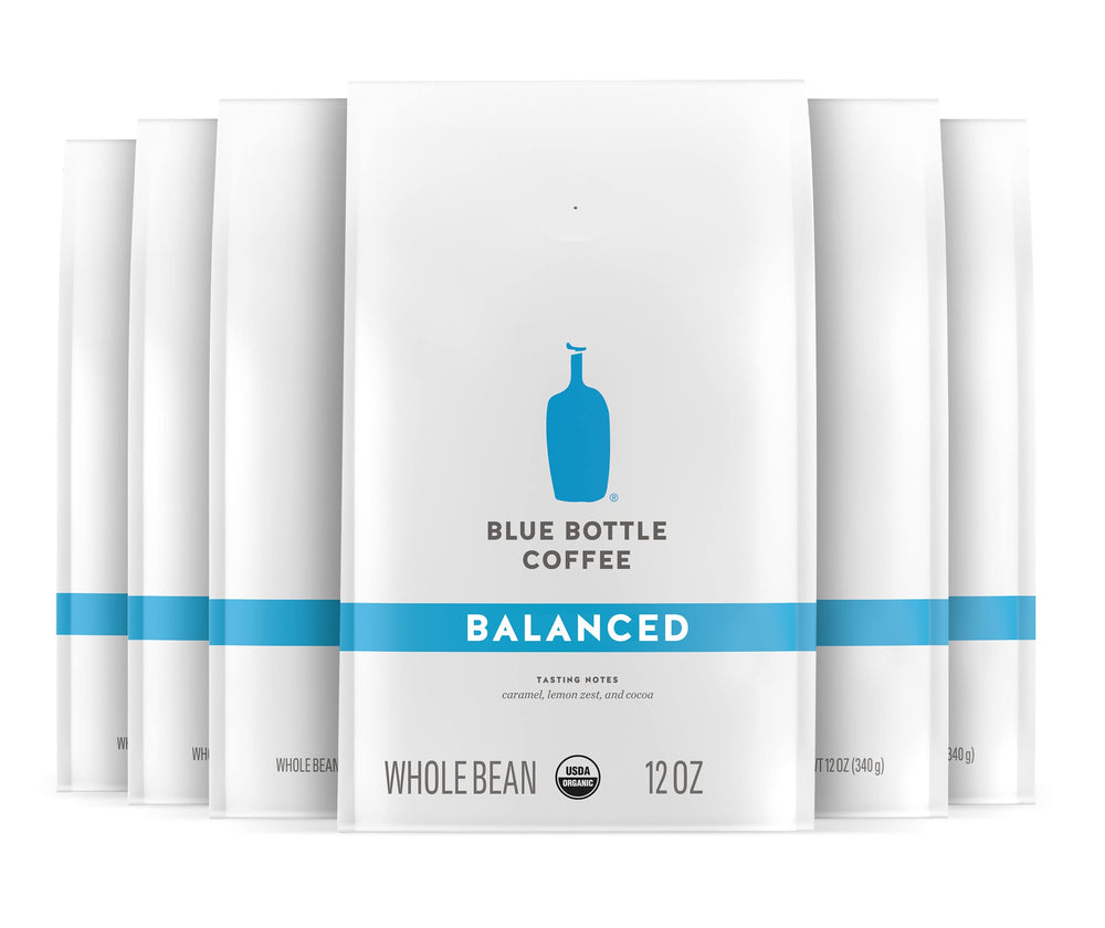 Blue Bottle Balanced whole bean 12 oz bag front showcasing packaging and freshness.